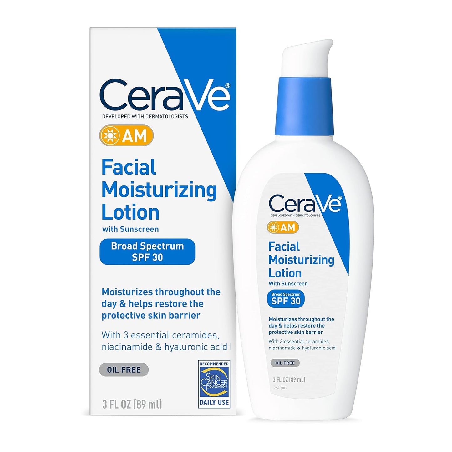 CeraVe AM Facial Moisturizing Lotion with SPF 30 | Oil-Free Face Moisturizer with SPF | Formulated with Hyaluronic Acid, Niacinamide & Ceramides | Broad Spectrum Sunscreen | 3 Ounce