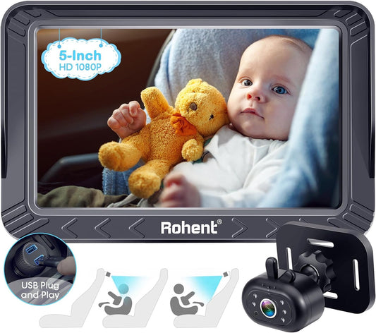 5-Inch Baby Car Camera for Backseat: USB Plug & Play Easy to Install - HD 1080P Car seat Camera Rear Facing Infant Crystal Night Vision