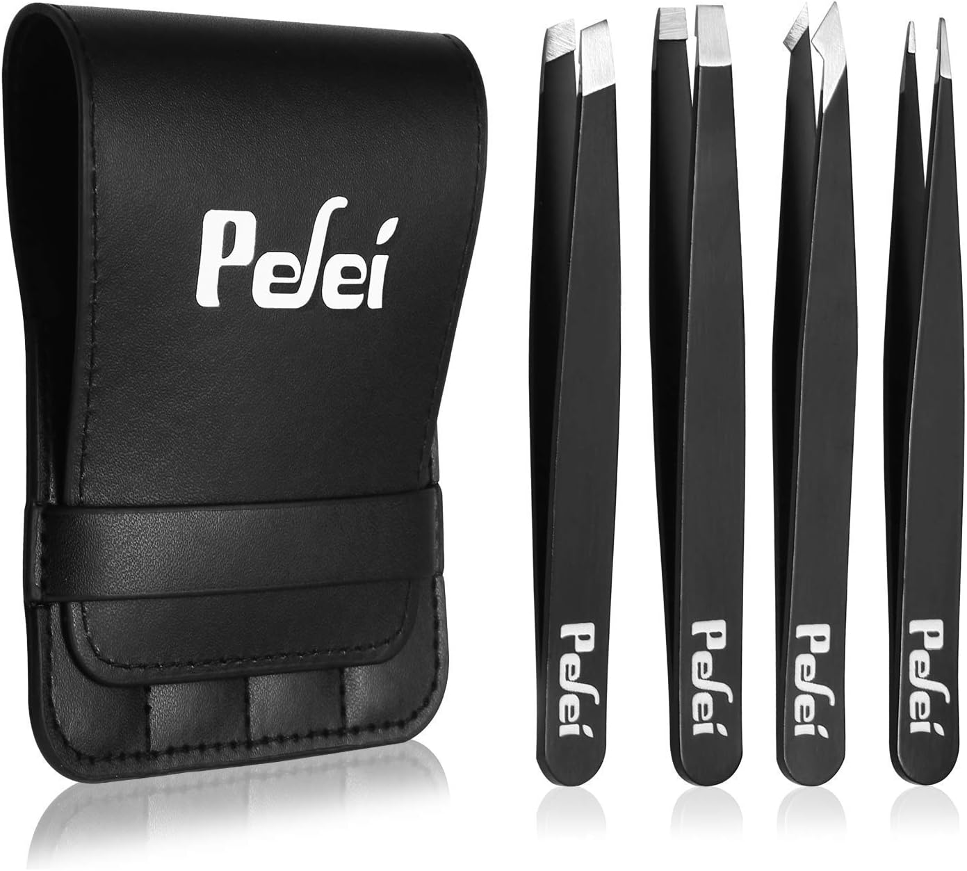 Pefei Tweezers Set - Professional Stainless Steel Tweezers for Eyebrows - Great Precision for Facial Hair, Splinter and Ingrown Hair Removal (Black)