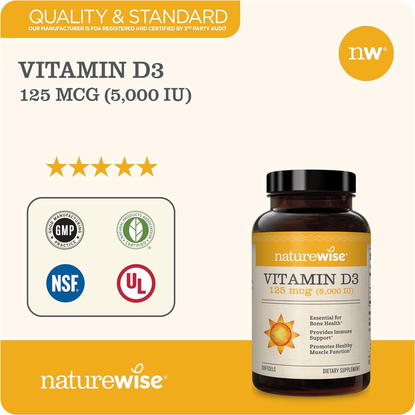 NatureWise Vitamin D3 5000iu (125 mcg) 1 Year Supply for Healthy Muscle Function, and Immune Support, Non-GMO, Gluten Free in Cold-Pressed Olive Oil, Packaging Vary ( Mini Softgel), 360 Count