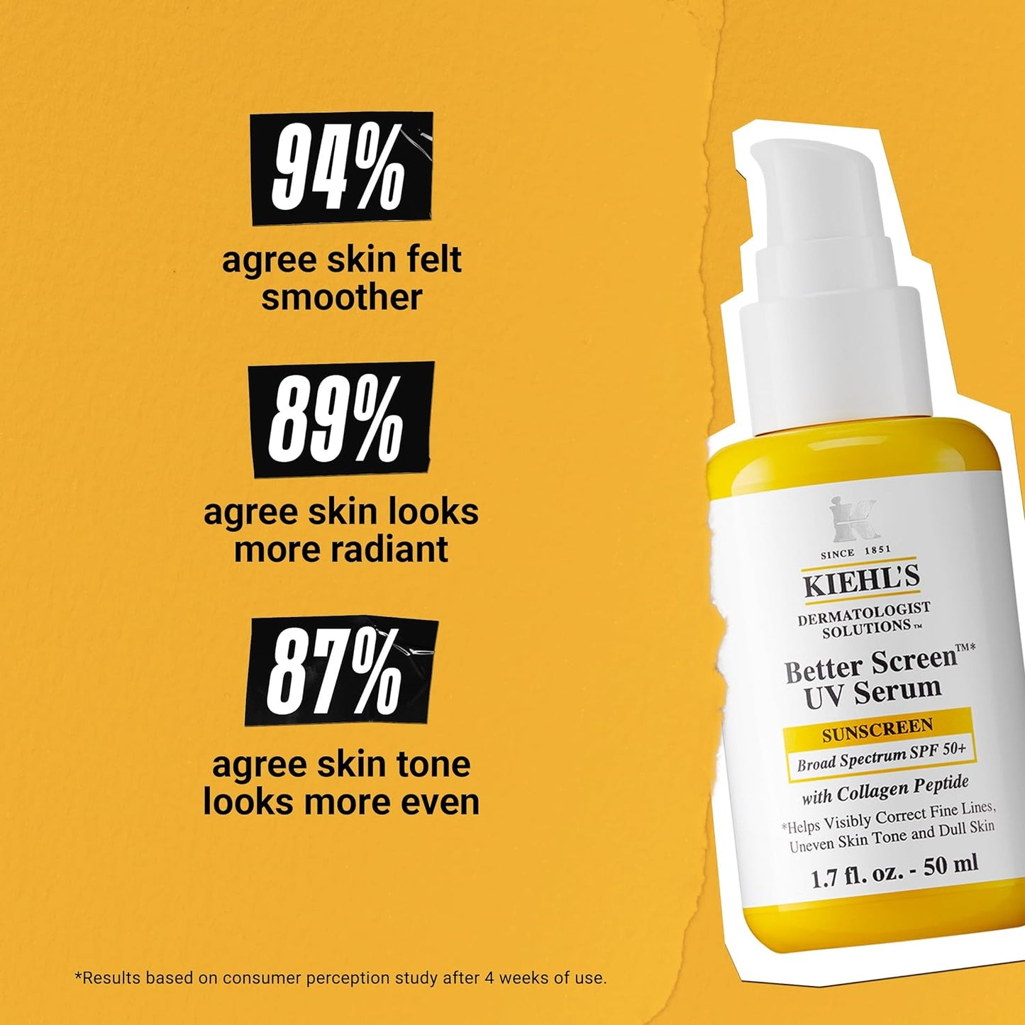 Kiehl's Better Screen UV Serum SPF 50+, Invisible Facial Sunscreen with Collagen Peptide, UV Filters to Shield UVA & UVB, Helps Correct Visible Signs of Aging, Boosts Skin Radiance - 1.7 fl oz