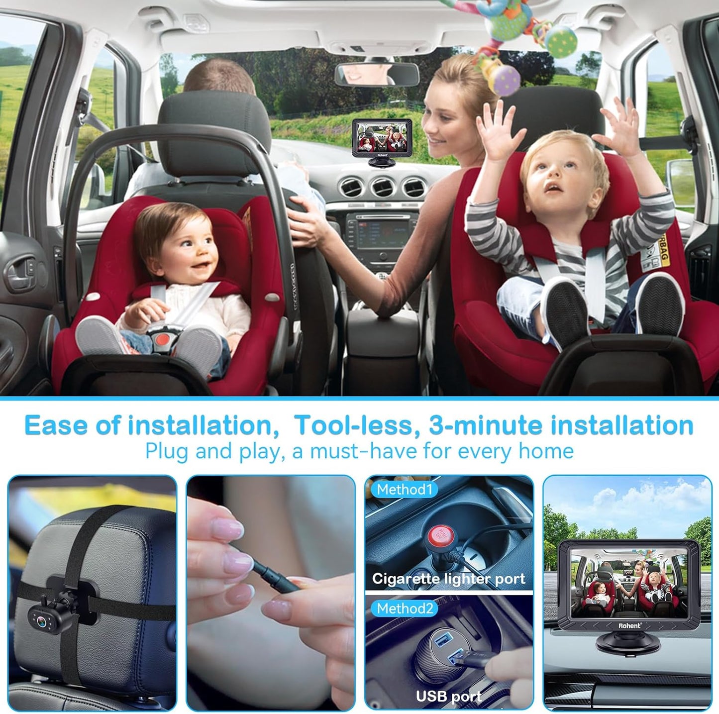 5-Inch Baby Car Camera for Backseat: USB Plug & Play Easy to Install - HD 1080P Car seat Camera Rear Facing Infant Crystal Night Vision