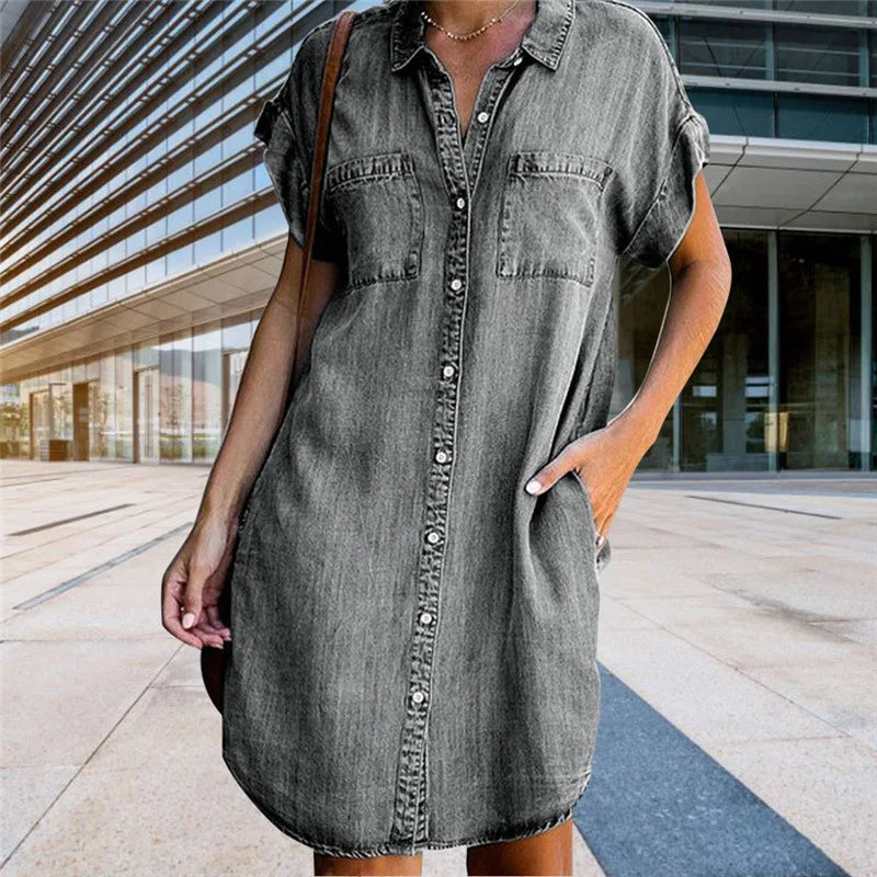 Short Sleeve Distressed Denim Shirt Dress - Casual Button-Down Tunic Trendy Tags Store