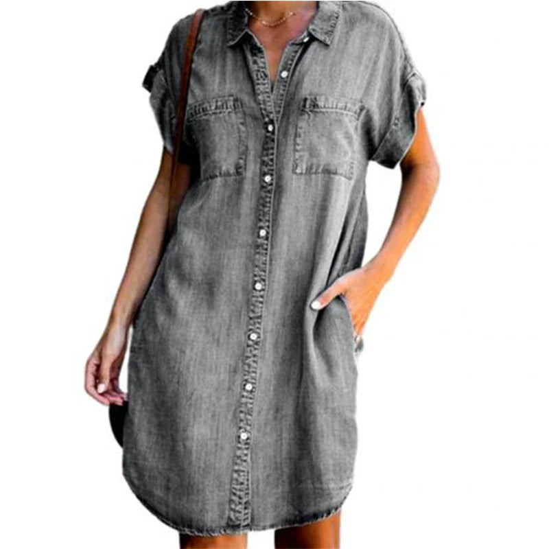 Short Sleeve Distressed Denim Shirt Dress - Casual Button-Down Tunic Trendy Tags Store