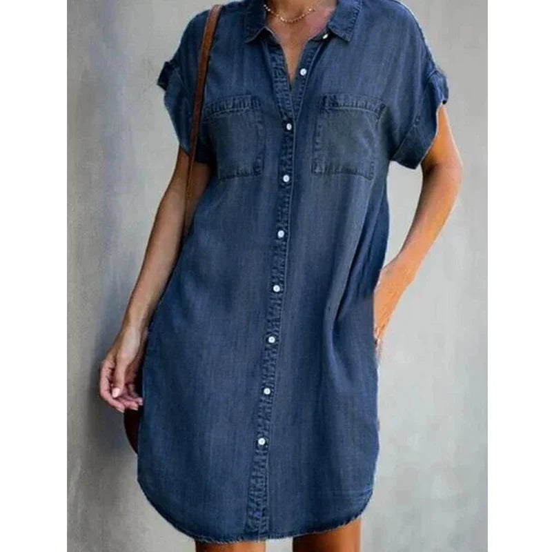 Short Sleeve Distressed Denim Shirt Dress - Casual Button-Down Tunic Trendy Tags Store