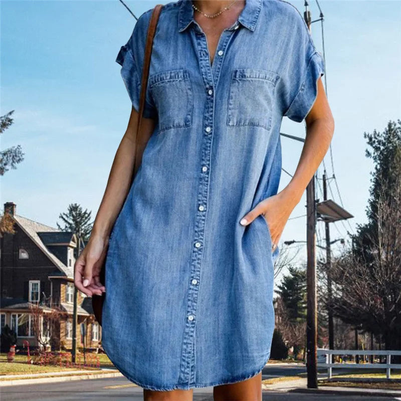 Short Sleeve Distressed Denim Shirt Dress - Casual Button-Down Tunic Trendy Tags Store