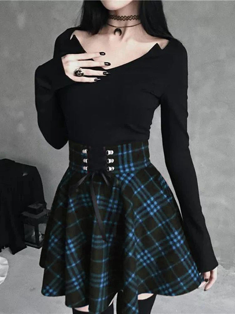 Black Checkered Women's Gothic Skirt