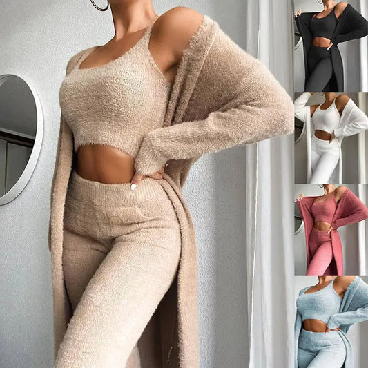 Women's 3-Piece Cozy Suit: Fluffy Crop Top, Skinny Pants, Longline Coat Trendy Tags Store